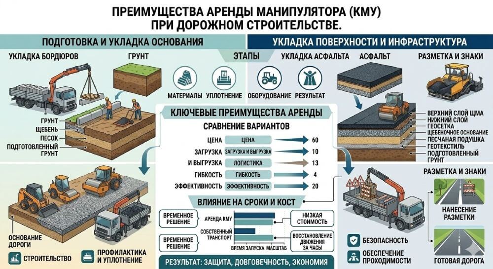 Преимущества аренды манипулятора (КМУ) при дорожном строительстве.